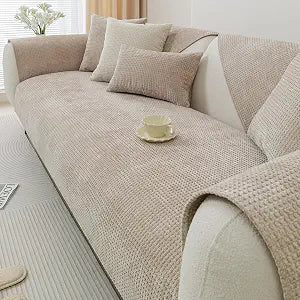 vctops Farmhouse Plaid Chenille Couch Sofa Cover Super Soft Plush Sectional Couch Covers Anti-Slip Solid Sofa Slipcover for Dogs, Children, Pets Furniture Protector (Khaki,28"x28")
