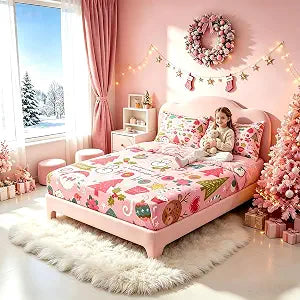 Erosebridal Pink Christmas Fitted Sheet Full, Cartoon Santa Claus Bedding Set for Kids Boys Girls Women Bedroom, Snowman Pine Bed Sheets Christmas Tree Deer Bedding Decor Set Xmas Decor,2 Pillowcases