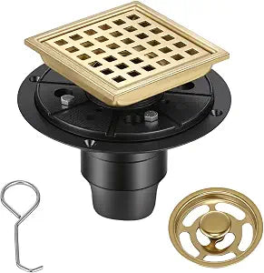 4 Inch Square Shower Floor Drain with Flange Shower Floor Drain Kit with Removeable Grate Hair Strainer for Bathroom, 304 Stainless, Brushed Gold