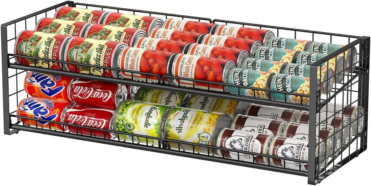 2-Tier Stackable Can Rack Organizer for Pantry Shelf, Extra-Long Can Holder for Kitchen Organization,Heavy Duty Can Dispenser for Canned Food Soup Goods up to 54 in Cabinet Storage, Black