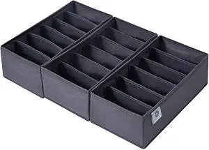 Qozary 3 Pack Sock Underwear Drawer Organizer Dividers, Non-Woven Fabric Collapsible Cabinet Closet Storage Boxes for Clothes, Socks, Lingerie, Underwear, Tie, Belt, Baby, Bedroom (Gray, 6 Cells)