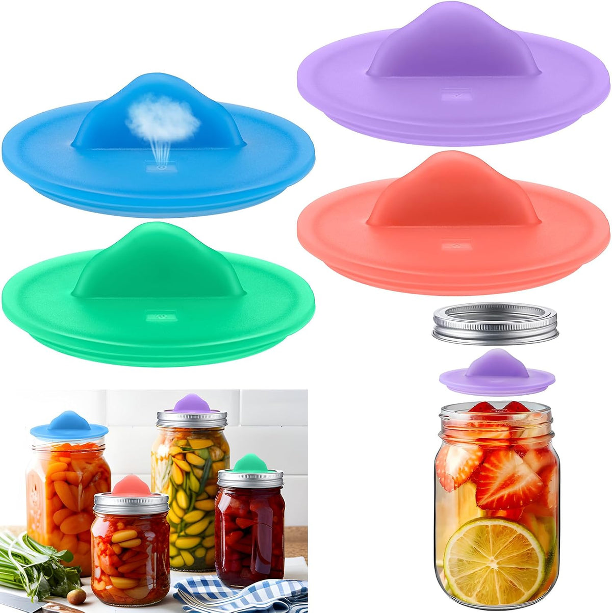 4 Pack Wide Mouth Fermentation Lid for Mason Jar, Pink, Blue, Purple, Green