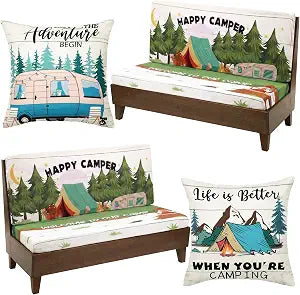 Geyoga 6 Pcs Happy Camper Rv Dinette Cushion Covers Stretch Washable Rv Cushion Covers Camper Accessories for Campers Car Bench, 2 Pillowcase, 2 Backrest and 2 Bench Replacement