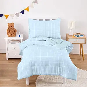 Wake In Cloud - Toddler Bedding Set for Boys Girls, Vintage Plaid Grid Checkered, 4 Pieces Soft Crib Bed Set Including Comforter, Sheets and Pillowcase, Light Blue