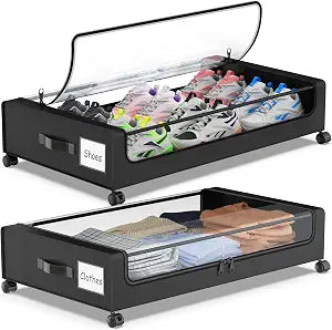 Molutsody Under Bed Storage with Wheels, 2-Pack Underbed Storage Containers with Clear Lids, Under Bed Shoe Storage Organizer, Rolling Under the Bed Storage Bins for Clothes Shoes Blankets (Black)