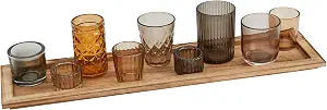 Creative Co-Op 9Piece Round Glass Votive Holders on Solid Paulownia Wood Tray, Brown Rustic Finish