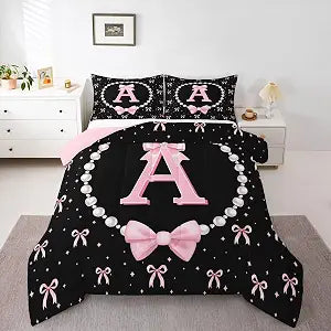 Erosebridal Pink and Black Bow Twin Comforter Set - Monogrammed Initial A Bows Bedding Sets for Girls Kids, Pink Coquette Bow Tie Bed Set, Cute Bowknot Room Decor with 1 Pillowcase