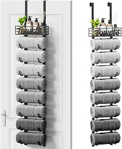 SWTYMIKI Hanging Towel Racks for Bathroom - 9 Tier Over the Door & Wall Mounted Bath Rolled Towel Storage Organizer Holder for Small Bathroom, RV, Camper, Black (Patented)