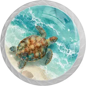 4 Pack White Cabinet Knobs Round Drawer Pulls, Beach Turtle Starfish Drawer Handles, Kitchen Hardware for Dresser Drawers Closets Cupboard Bathroom Bedroom Home Decor
