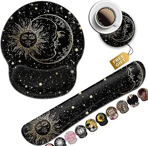 Black Mouse Pad with Stitched Edge, Memory Foam Keyboard Wrist Rest, Non-Slip Rubber Base Mythic Celestial The Sun and Moon Twelve Constellations, Office Accessories Desk Decor for Computers Laptop