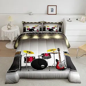 Feelyou Rock Music Theme Bedding Set Guitar Speaker Comforter Set for Kids Boys Girls Teens Musical Instrument Duvet Set Drum Kit Rock Band Quilt Set with 2 Pillowcase 3Pcs Bedding Full