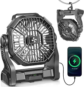 AEscod Portable Camping Fan, Rechargeable Battery Operated with LED Lights, Hanging Hook, 270Rotation, Battery Powered Fan for Beach, Office, Picnic, Fishing, Travel, Tent