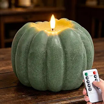 Fall Decorations for Home, Large Flameless Pumpkin Candle, Sage Green