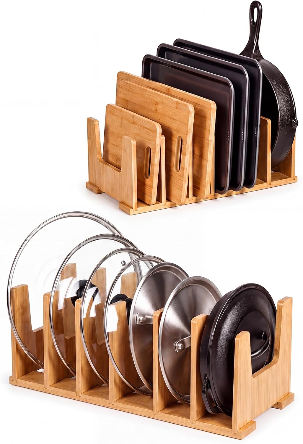 2 Pack Bamboo Pot Lid Organizer for Drawer & Cabinet, 6-Slot Lid Holder