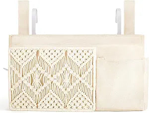 Mkono Bedside Caddy, Macrame Hanging Organizer, 4 Pockets Ivory Metal Hooks