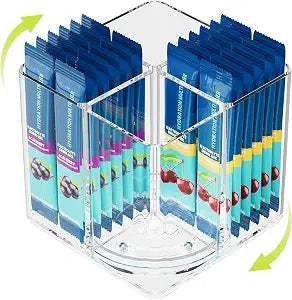 360 Rotating Acrylic Drink Packet Organizer, 4 Slot Water Flavor Packets Holder, Lazy Susan Water Packet Organizer for Drink Mix,Instant Coffee,Tea Sugar Packets Storage for Cabinet Kitchen Pantry