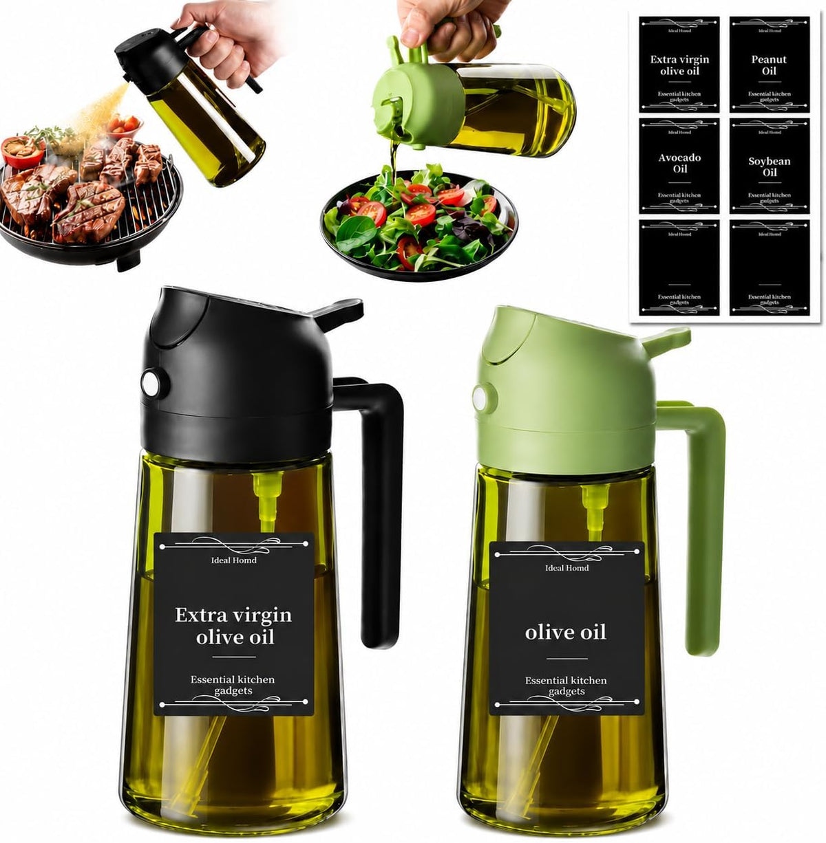 16oz Glass Olive Oil Sprayer for Cooking, 2-in-1 Oil Spray Bottle, Oil Sprayer and Pourer, Olive Oil Spray Bottle & Dispenser, Refillable Oil Bottle for Air Fryer, Salad, BBQ & Grilling