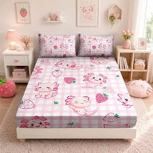 Cute Axolotl Bedding Set Twin Size,1 Fitted Sheet+2 Pillowcases.
