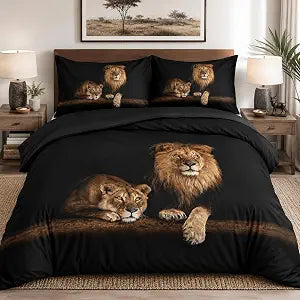 Lion Duvet Cover Sets Black Quilt Cover with 2 Pillow Shams King Size for Boys Kids Animal Bed Set Home Textile