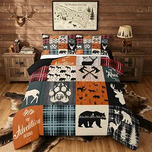 Rustic Farmhouse Quilt Queen Size, Bear Deer Elk Comforter Set For Kids