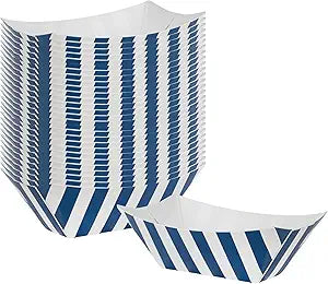 Restaurantware-Bio Tek 2 Ounce Food Boats, 50 Disposable Paper Food Trays - Greaseproof, Stripe Design, Blue and White Paper Food Boats, for Snacks, Appetizers, Or Treats, Use At Party Or Carnival