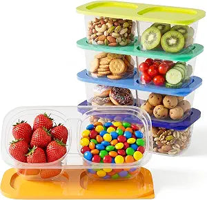 Snack Pack Containers for Kids, 5 Pack Reusable Snack Containers with Lids, 2 Compartment Small Bento Snack Box, BPA-Free Wheat Straw Lunchbox Accessories for School, Travel, Meal Prep