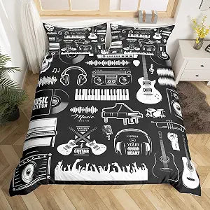 Electric Guitar Bedding Sets Twin Old Vinyl Record Comforter Cover, Vintage Trumpet Headphone Bed Set Jazz Funk Rock Music Duvet Cover, Hippie Drum Kit Set Quilt Cover Black White (Zipper Closure)