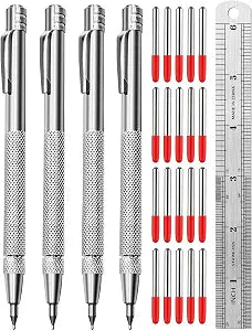 Tungsten Carbide Scriber, Knurled Aluminum Handle, 4-Pack with Bonus Marking Tips and Steel Ruler, Ideal for Detailed Crafting and Carving