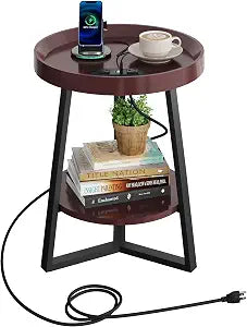 WLIVE Small Round Side Table with Charging Station for Living Room Brown