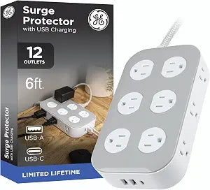 GE Surge Protector Power Strip with USB Ports, 6 Ft Braided Extension Cord