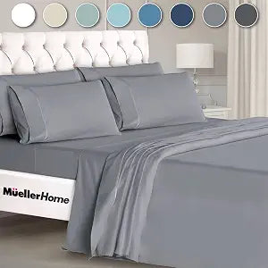 Mueller UltraTemp King Size Sheets Set ��� 6 Piece Premium Bedding, Silky Soft, Cooling, Deep Pocket up to 16", Breathable Heat Transfer, Wrinkle-Resistant & Hypoallergenic, Light Gray