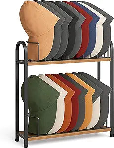 SWTYMIKI Hat Stand for Baseball Caps - 2 Tier Wood & Metal Removable Tabletop Hat Organizer Storage Display Rack, Holds up to 20 Caps for Desk, Closet Shelf, Dresser (Black)