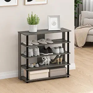 Furinno Turn-N-Tube Toolless Assembly 5-Tier Shoe Rack, Wide Vertical Shoe Organizer, Free Standing Shoe Storage, Shoe Shelf for Boots, Sneakers, for Closet, Entryway, Grey Oak