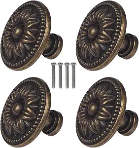 Vintage Drawer Pulls, Antique Brass Cabinet Knobs and Pulls - Flower Shape Metal Drawer Handles for Cabinets, Dressers, Furniture (4 Pack, Bronze Tone)