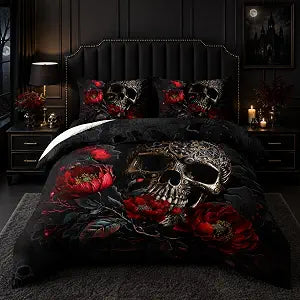 Gothic Twin Size Skull Bedding Set with Comforter, Rose Comforter, Halloween Bed, Black Skull Quilt