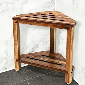 IBosins Corner Shower Stool 14in Small Bench Storage Shelf Natural Finish
