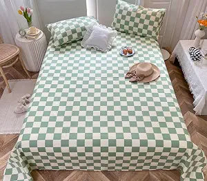 Houseri Sage Plaid Sheet Set Queen Size Chessboard Grid Fitted Sheets with Pillowcases - Buffalo Checkered Mattress Cover - Men's Grass Green Gingham Bed Sheet - 4 PCS