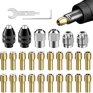 EMVANV 28pcs/set Drill Chuck Collet for Dremel, 1/32 To 1/8inch Drill Chuck Collet Set, with 2pcs British 4486 3-jaw chuck, Chuck Shank Rotary Tool Quick Change Adapter
