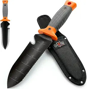 Hori Hori Garden Knife 7" with Sheath  Heavy Duty Stainless Steel Multi-Purpose Tool for Weeding, Digging & Planting, Serrated & Straight Full-Tang Blade, Non-Slip Rubber Handle with Safety Guard