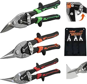 HORUSDY 3 Pack Aviation Tin Snips Set, 10 Inch Metal Straight Cut, Left Cut, Right Cut for Cut Sheet Metal, Chrome Vanadium Steel