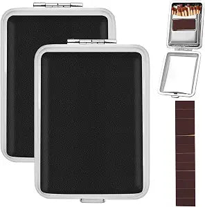 2Pcs Metal Match Box Case with Friction Plate, Portable Matchstick Holder Storage Case Reusable One Button Dampproof Fireplace Starter Stainless Steel for Outdoor Camping