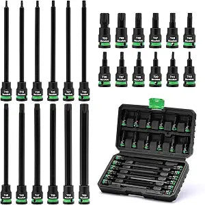 TecoTek 3/8" Drive Impact Torx Bit Socket Set, Extra Long Torx Socket, S2 Alloy Steel Star Bit Sockets, 24PCS Star Bit Set, T10-T60, 2in & 6in Long, CR-V & S2 Alloy Steel Set, Enhanced Storage Case