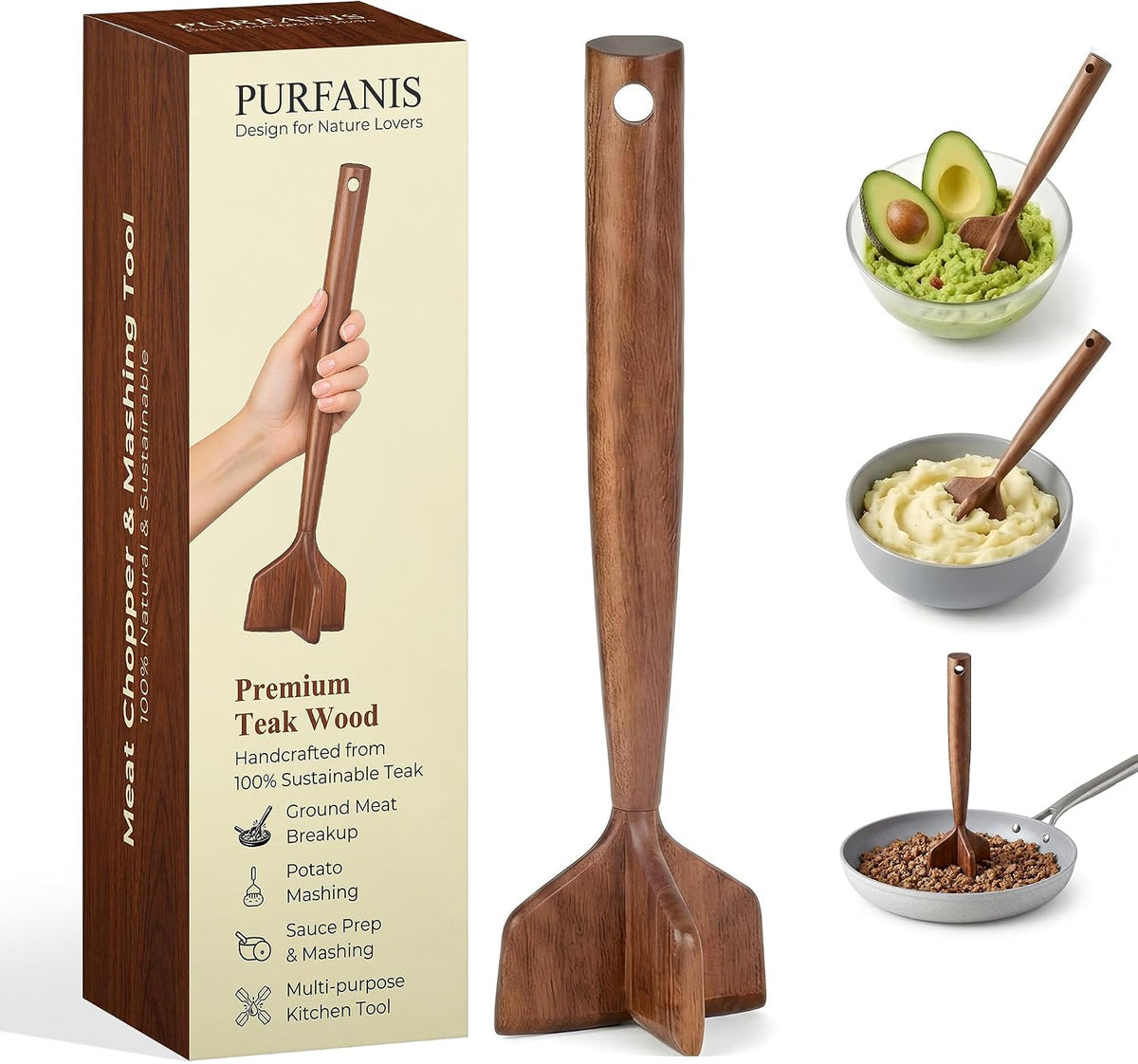 Premium Teak Wooden Meat Chopper, Ground Beef Masher, Wooden Utensil