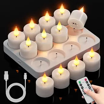 Rechargeable Flameless Tea Lights Candles with Remote Charging Base 12Pcs
