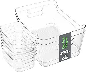 Tiawudi Set of 8 Clear Plastic Storage Bins, 2 Extra Large and 6 Small Storage Containers for Pantry Organization, Multi-Use Organizer Bins for Home, Kitchen, Cabinet, Bathroom, Fridge & Freezer
