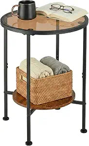 Round Side Table, Tempered Amber Glass Top, Black Metal Frame