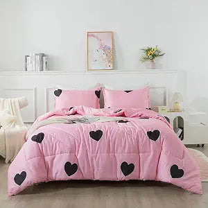 Caressma Pink Comforter Set Twin Size Black Heart Set 2pcs with Pillowsham