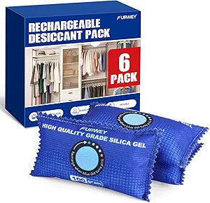 FURWEY 6 Pack Rechargeable Desiccant Packs for Storage, 100g Each, Blue