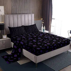 Kids Halloween Bed Sheet Queen Size,Cute Bat Ghost Bedding Set 4Pcs,Girls Boys Cartoon Witch Hat Pumpkin Lantern Fitted Sheet Teens Room Decor,Purple Black Gothic Top Flat Sheet,2 Pillowcases