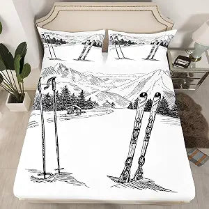 Erosebridal Skiing Bed Sheets Winter Sport Bedding Set Twin Size for Kids Boys Teens Men,Ski Board Equipment Fitted Sheet Sketch Snow Mountain Bedding Sets with 1 Pillow Case Black White